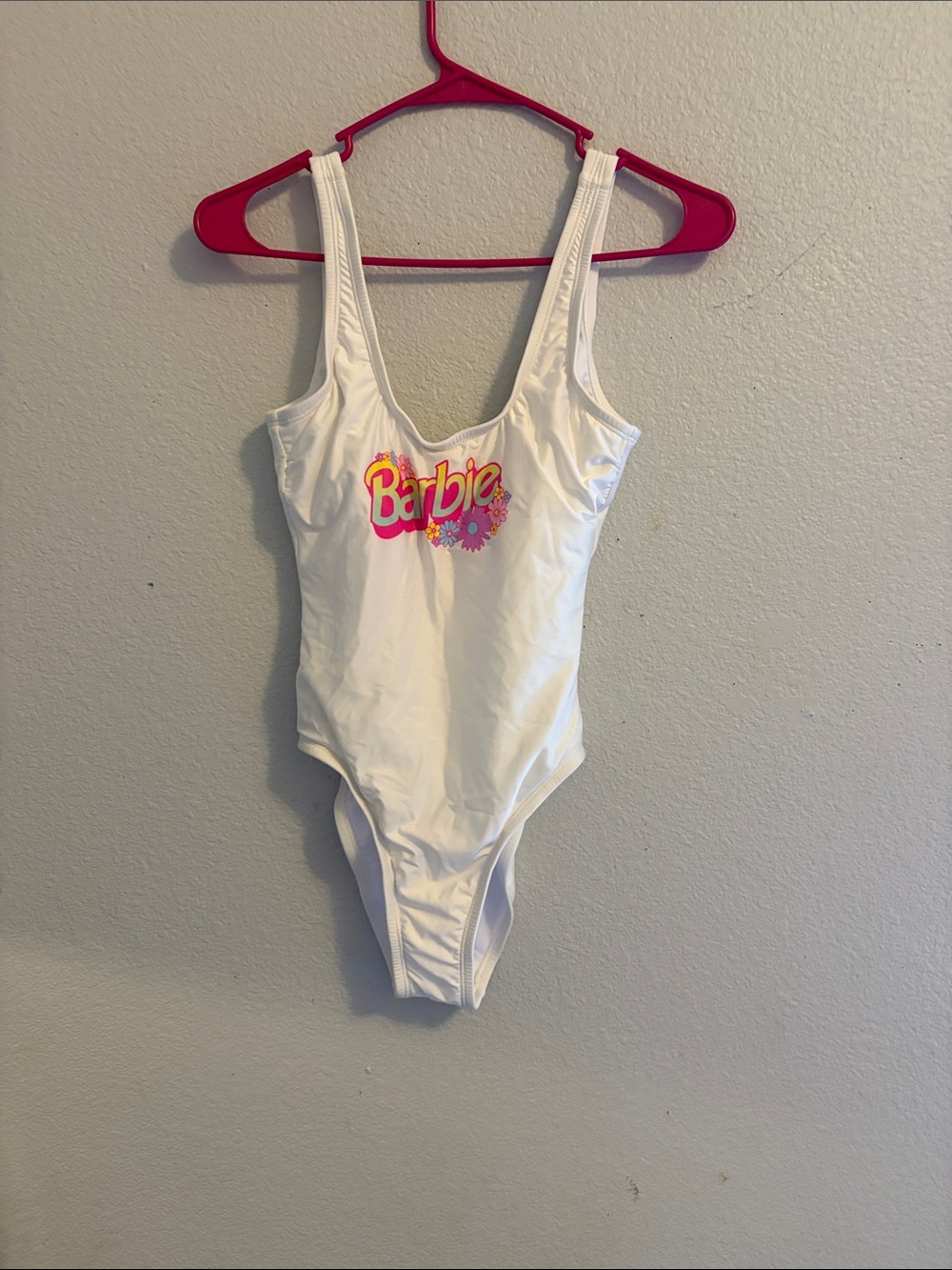 Barbie White Swimsuit with Pink & Yellow Logo